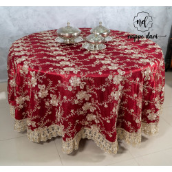 Nappe ronde tulle rouge motif branches de fleurs gold