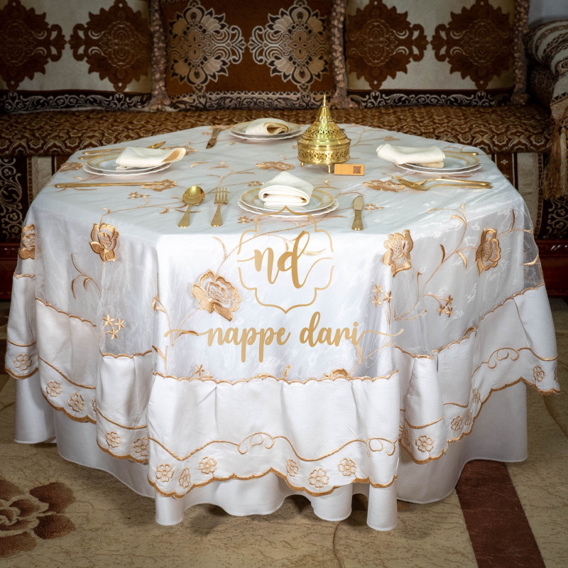 Nappe Blanc à fleurs Gold pour Table Ronde