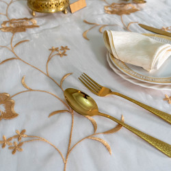 Nappe Blanc à fleurs Gold pour Table Ronde